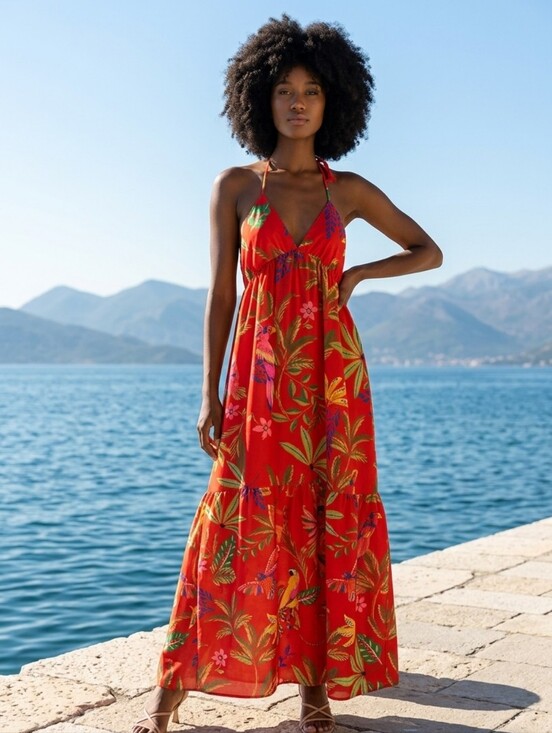 Chelsea & Violet Dresses & Skirts - Chelsea & Violet Red Coral Tropical Halter Midi-Maxi Dress Women's Sz 10